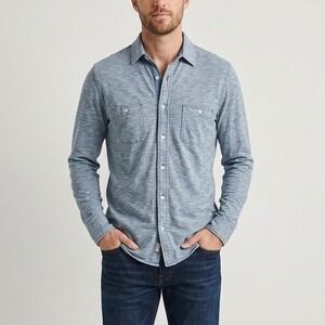 Faherty Men's Knit Seasons Shirt Button Down Indigo Blue Size Large